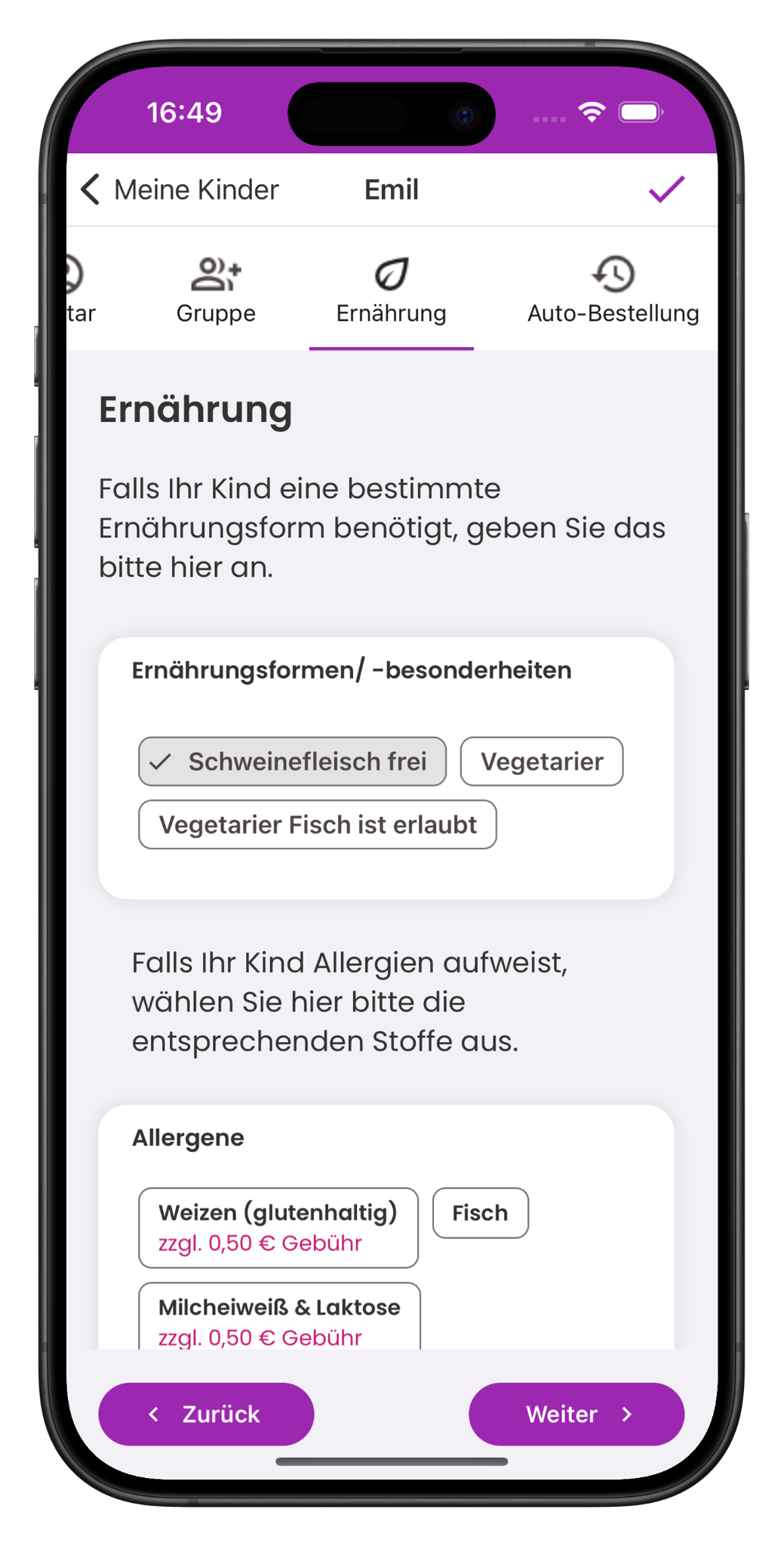 Ernährungsbesonderheiten und Allergene in LilaLöffel
